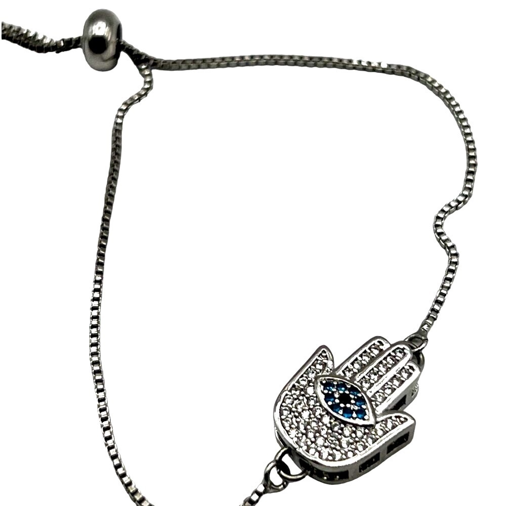 Silver Tone Hamsa Rhinestone Bracelet With Adjustable Chain. A70 - Picture 6 of 6
